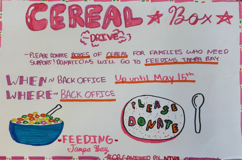 "Hand Drawn" Cereal Box Drive flyer—donate boxes of cereal; drop-off in the back office; through May 15; benefits Feeding Tampa Bay.